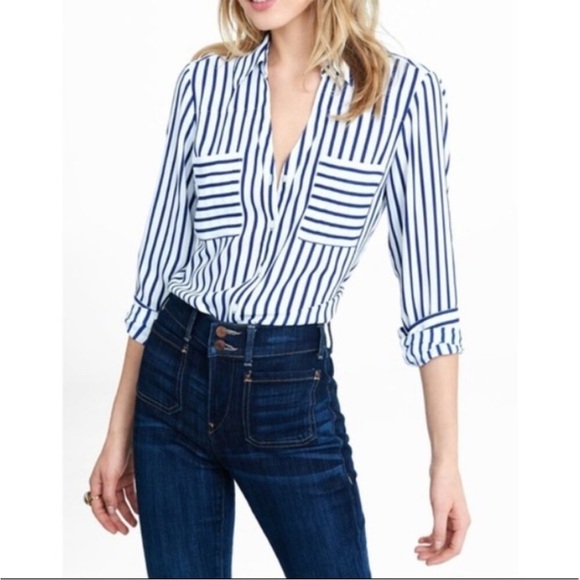 Express Tops - Express Portofino Navy and White Striped Button Down Shirt